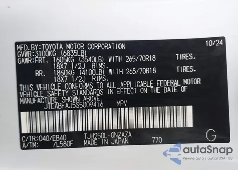 2025 Toyota Land Cruiser из США, поврежденный, VIN JTEABFAJ5S5009416